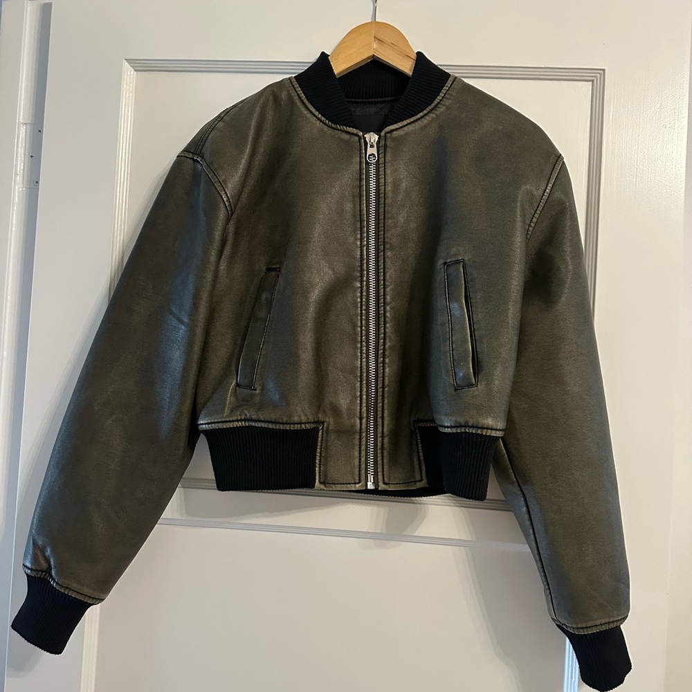 Distressed brown leather bomber